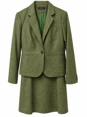 Lands’ End Green Herringbone Wool Silk Skirt Suit Blazer 12 Skirt 10